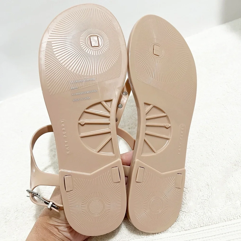 Katy Perry Jelly Stud Sandals Taupe Rhinestone Slingback Beachy Coquette 8